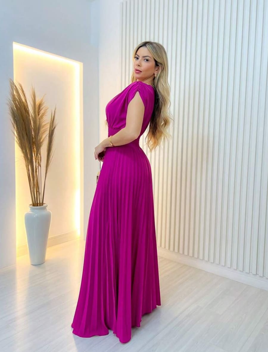Vestido Longo Com Elástico Plissado